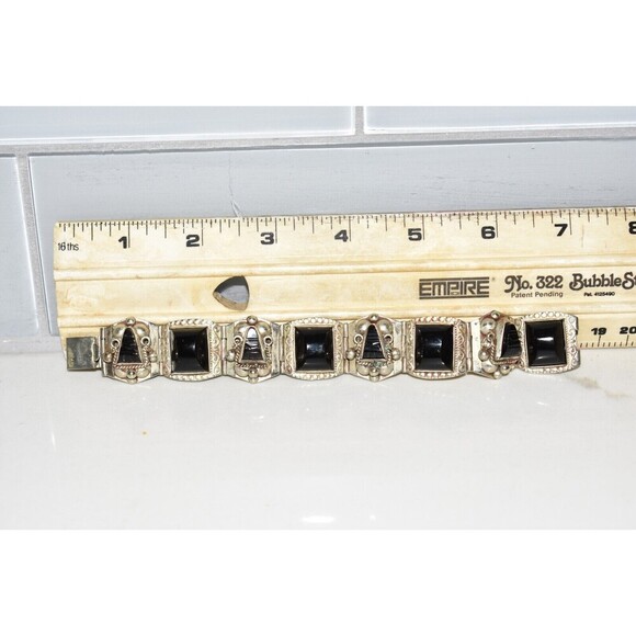 Vintage Aztec Mask Bracelet Black Onyx Alpaca Silver Beautiful 7” made in Mexico - Picture 14 of 16